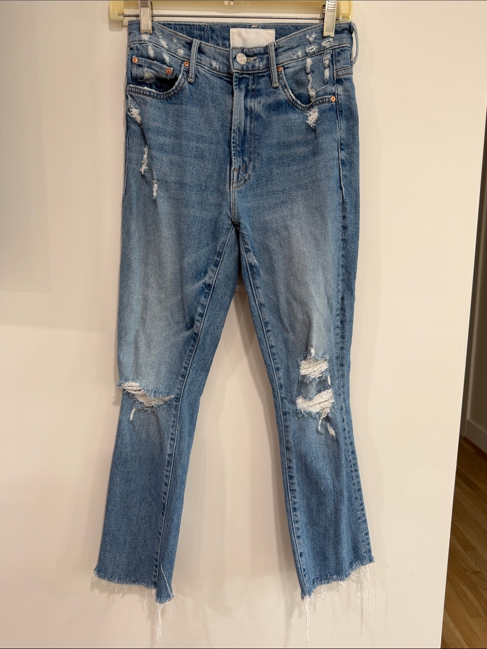 MOTHER Distressed Medium Blue Ankle Crop Jeans